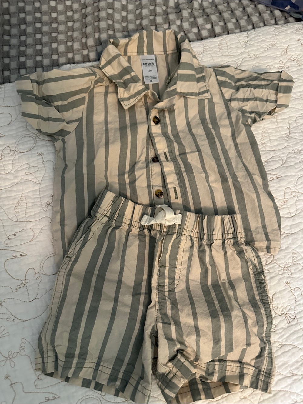 Carter's Beige and Gray Striped Cotton Shirt & Shorts Set
